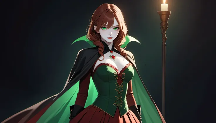 In the midst of the velvety darkness, a noble Swedish vampire with lovely, long, reddish-brown curls and bright, clear green eyes gazes intently. Her round face radiates an alluring and captivating aura, her pale skin glowing softly in the dim light. She w...