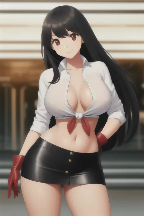 A tall sexy girl with long black hair and red eyes wears a white button-down shirt tied with a knot and shows her navel and her black leather miniskirt and puts on a red glove and smiles happily. 