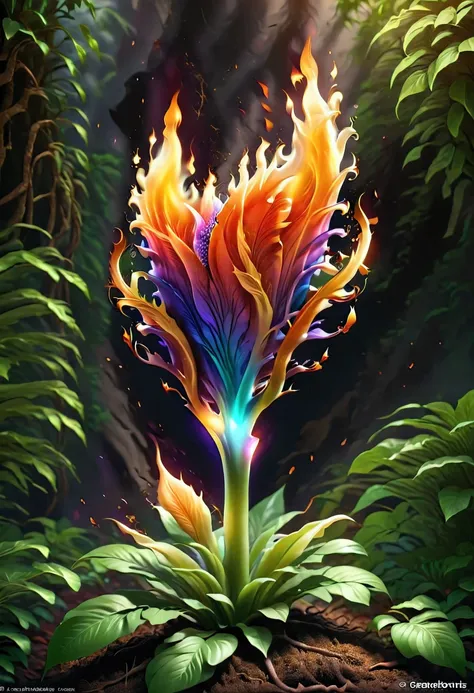 colorful crystal style，(une plante magique，beauty raffle，half of its stems and leaves are made of flames，l&#39;other half is flo...