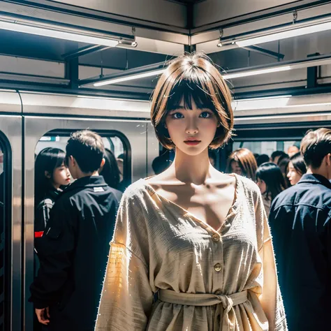 realistic, surreal, cinematic lighting, 32k,  look up, Backlight, (bright light:1.2), (Improvement of quality:1.4), (Highest quality realistic textured skins:1.4), matte texture、Inside a crowded train、All passengers are mannequins、Fashion mannequins、A mix ...