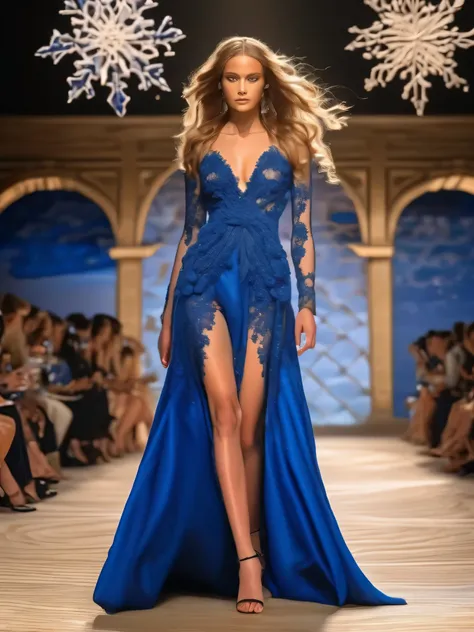 (Photo of female model walking the catwalk in sapphire blue ocean haute couture）,Haute couture, Witch clothes，The scene of the Paris fashion show，Catwalk scene，（full bodyesbian：1.37）.Beautiful shoe background：The stepped stage is covered with fine sand，Jup...