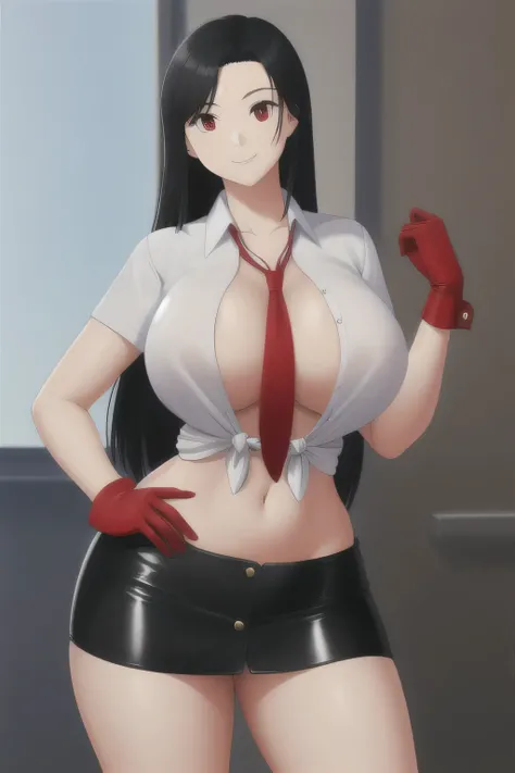 A tall sexy girl with a big chest and longer black hair with red eyes wears a white button-down shirt tied with a knot and shows her navel and her black leather miniskirt and puts on a red glove and smiles happily. 