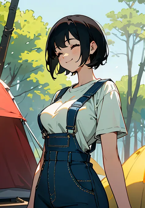 {best quality},sunny、forest、camping、black hair short cut、Female college student、Large beautiful breasts、oversized t-shirt、overalls、big smile、close eyes、Low angle 、cowboy shot、close-eye