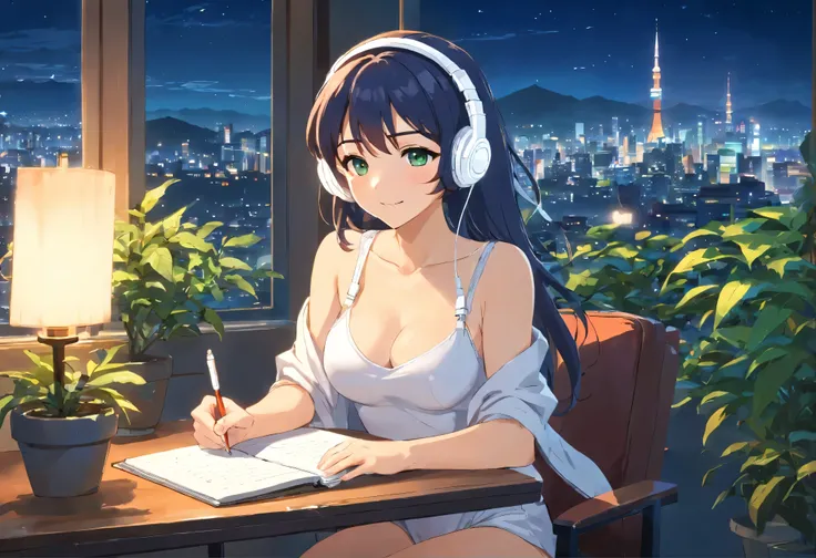 Anime girl with a slender yet feminine figure, (wearing white headphones:1.4), smiling, sitting on a chair, (writing a diary:1.4), holding a pen in her right hand, her left elbow bent with hand slightly raised not holding a pen, short ponytail, black hair,...