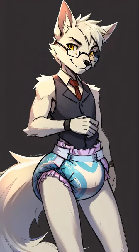 Male, arctic wolf, detailed yellow eyes, long tail, bartender, diaper with four tapes, slim, sly, simple background, glasses