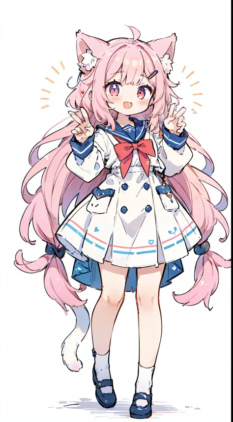 1 girl、((Whole BodyEsbian、standing pictures:1.2)), best quality、masterpiece、pink hair, long hair, two knots, Cat ear、Light color sailor suit、Fan band、laughter、cat pose、Slightly open smile、White background