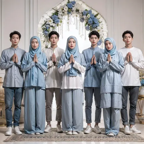 arafed group of people standing in front of a mirror with their hands together, muslim, grey and blue theme, blue and grey theme...