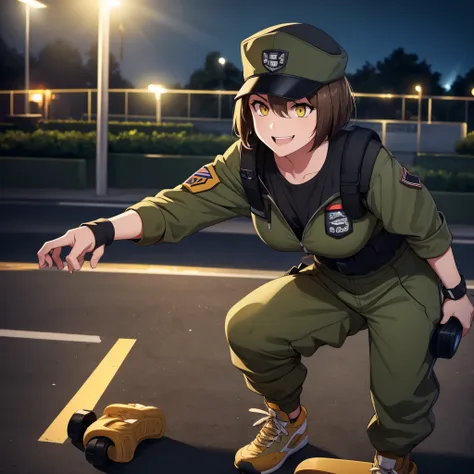 a woman wearing an american sports cap, army pants, wearing a black cap, short brown hair, yellow eyes, in a skate park, at nigh...