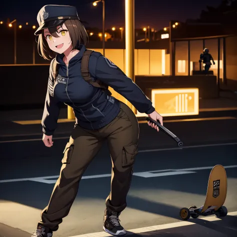 a woman wearing an american sports cap, army pants, wearing a black cap, short brown hair, yellow eyes, in a skate park, at nigh...