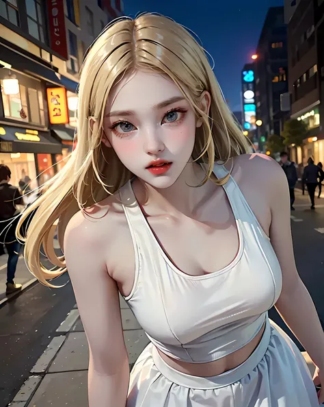 (highest quality, 8K, masterpiece: 1.3)), full body, focus sharply: 1.2, outstanding beauty: 1.4, thin abs: 1.2, (((blonde:1.2)), tank top dress: 1.1, (City of night, street: 1.1), Highly detailed face and skin texture, big breasts，thin waist