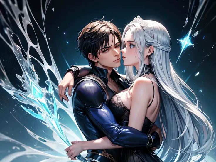 Alta qualidade, casal gotico, homem e mulher, hug, Gothic, filtro de cor azul claro, luz clara, brilho alto, alta qualidade, cores escuras, arte quadrinho, estilo de arte hq spider-man alta qualidade, casal Gothic, homem e mulher, melhor qualidade