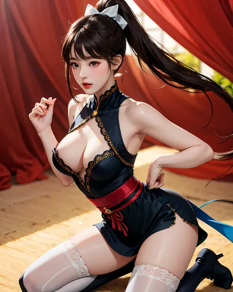 black long hair , Wear revealing clothes, kneel down, feet and five fingers, Background backlight masterpiece, highest quality, 1 girl，thin waist，bangs, Ribbon Ponytail, brown hair, (blush:1),That costume only opens wide at the chest......， beautiful big b...