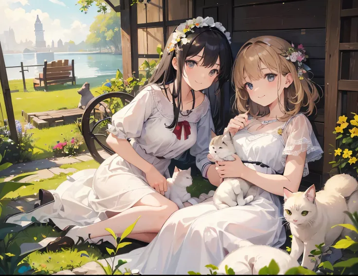 ((Best quality, A high resolution, Masterpiece:1.2)) ,(Clear facial features), (happy smile), two girl play with cats, holding cats, cat, cats, smile, laugh, happy atmosphere, landscape