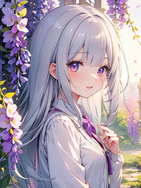 masterpiece, best quality, ultra-detailed, illustration, cute, Girl, Solo, laugh, Silver hair, fairy, petals, wearing cardigan, blunt bangs, blouse, flower, wisteria flowers