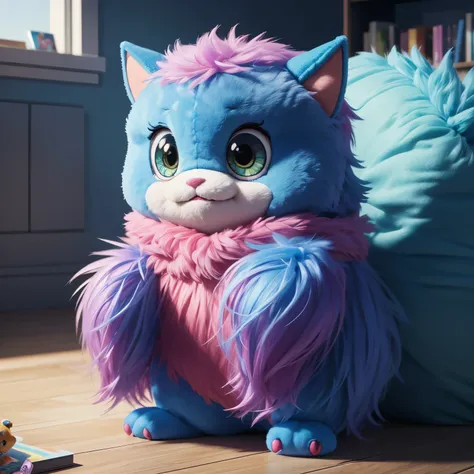 8K photorealistic render of a cute and fluffy monster plush toy, detailed, vibrant colors, friendly expression, inspired by popular plush monsters, childrens book illustrations and pets