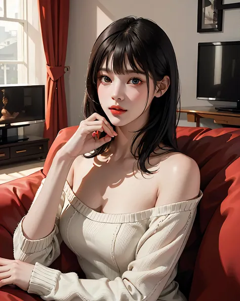 ((realistic light, highest quality, 8K, masterpiece :1.3)), Self snap, 1 girl, Pretty woman with perfect figure :1.4, thin waist, (Short straight black hair with bangs, Medium chest :1.5), turtleneck sweaterdress ress :1.2, bed, super detailed face, perfec...