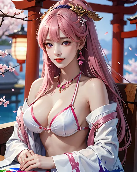 1 girl, (Ulzzang-6500:0.7), K-POPアイドル, yae miko, bikini, removed sleeve, bare shoulders, pink hair, long hair, bikini, highest quality, (painting:1.5), (hair ornaments:1.35), jewelry, purple eyes, earrings, chest, torii, cherry blossoms, lantern light, Dep...