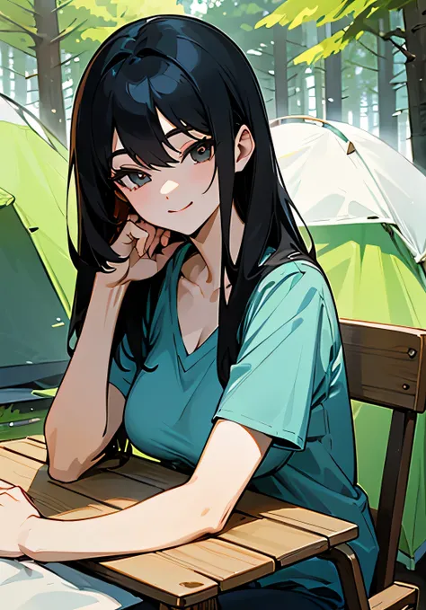 {best quality},sunny、forest、camping、long black hair、woman、Large beautiful breasts、v-neck‐oversized t-shirt、jeanischievous smile、overhead shot、upper body、looking at the camera、Sitting in a camping chair、has a mug in hand