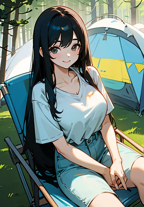 {best quality},sunny、forest、camping、long black hair、woman、Large beautiful breasts、v-neck‐oversized t-shirt、jeanischievous smile、overhead shot、cowboy shot、looking at the camera、Sitting in a camping chair、has a mug in hand