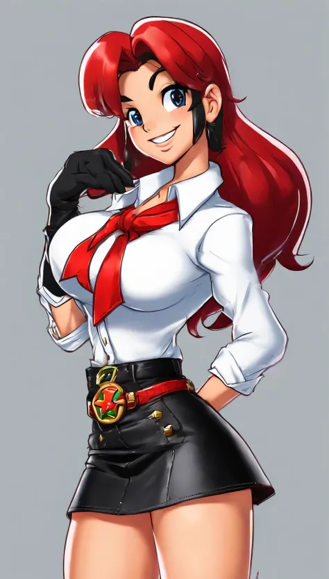 A tall sexy girl with a big chest and longer black hair with red eyes wears a white button-down shirt tied with a knot and shows her navel and her black leather miniskirt and puts on a red glove and smiles happily. 