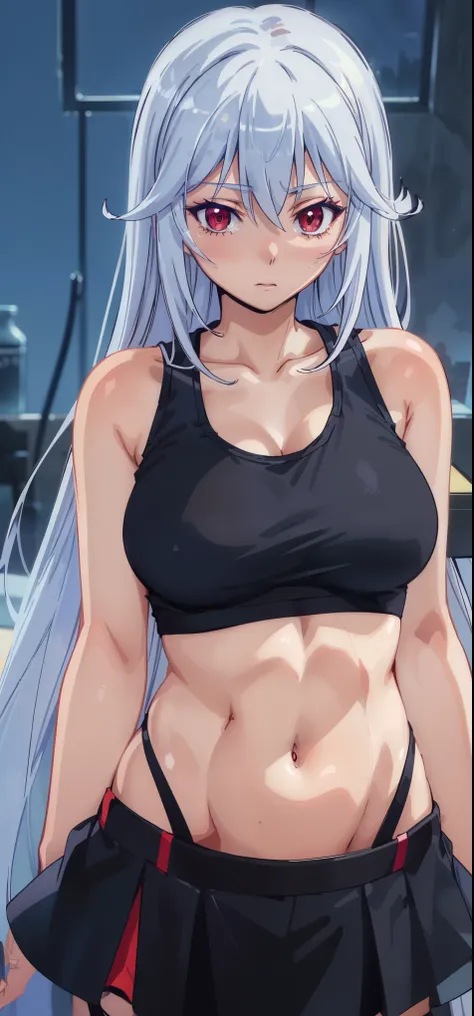 (masterpiece, best quality:1.2),illustration,8k,hd,1girl,very_long_hair,medium breasts,red_eyes,white_hair,((sleeveless)),(((cropped tank top, upper body,navel))),aine, bar,