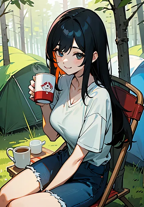 {best quality},sunny、forest、camping、long black hair、woman、Large beautiful breasts、v-neck‐oversized t-shirt、jeanischievous smile、overhead shot、cowboy shot、looking at the camera、Sitting in a camping chair、has a mug in hand