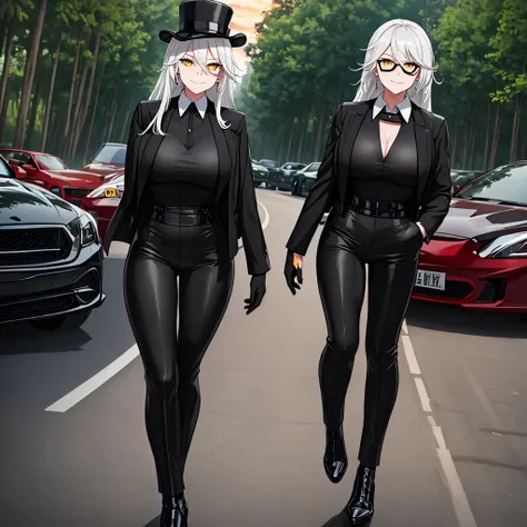 A woman wearing a black suit, tight black pants, black top hat, sunglasses, walking through a city at sunset, cars moving on the track, forest in the background, smiling, silver hair, red fringe, yellow eyes, smiling,HDR, ultra resolution, well defined, ma...