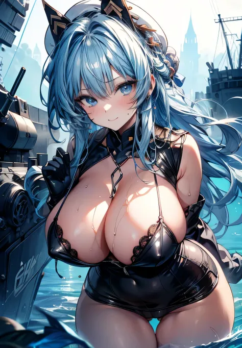 Erotic Anime Illustration、Highest image quality、A plump bitch gal shows off her vagina and flirts at an underwater base、Ru-class battleship、perfect proportions、Overwhelmingly big breasts beyond the norm、thick legs with fat、big areola、Beautiful shining eyes...