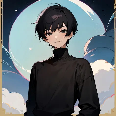 Boy, eighteen years old, anime style, black hair, very short hair, (smiling0.7), black eyes, droopy eyes, very thin eyebrows, wide-eyed, fair skin, skinny, sweater, long sleeves, boyish, upper body, with a moon, at night