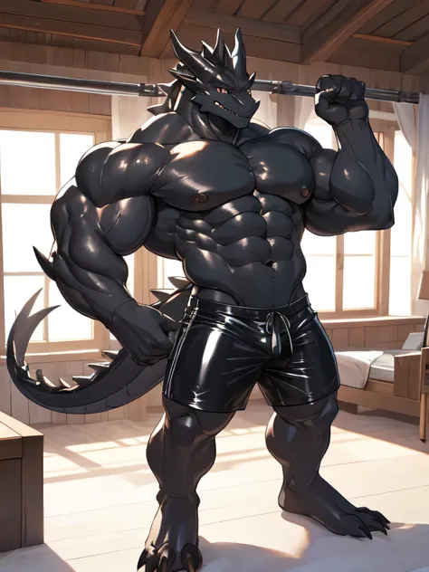 masterpiece, anthropomorphic black dragon, ,There is a pair of beautiful dragon horns., Black Dragon Scales,1 tail, very muscular body, nice, Shorts only　full body rubber suit　8 packs of firm abs　Amazing arm muscles　good looking　whole　face down on the bed　...