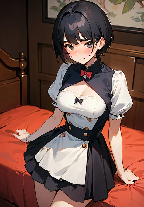 {best quality},sguest room、black hair short cut、20 year old female、Large beautiful breastaid outfit、A very embarrassed face、blush、overhead shot、cowboy shot、looking at the camera