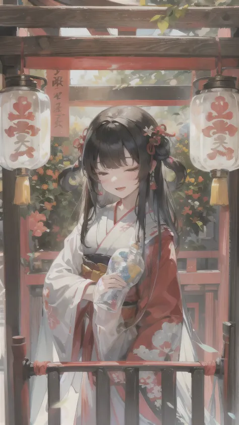 perfect anatomy, masterpiece:1.4, best quality, 8k, beautiful detailed grow, daydreaming expression, full body solo ((blunt bangs)) (black hair long hair cute girl closed eyes, 15 yo, open mouth, best smile), break, in a Shrine maiden costume, in the Dazai...