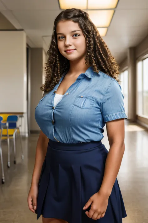 12-year-old woman posing for a school photo in a school masterpiece, (photorealistic:1.7), best quality, beautiful lighting, ele...