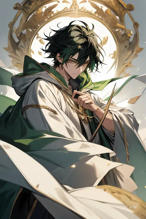 masterpiece, highres, best quality, solo, 1 male, medium hair, black hair with green hair, gold eyes, white shirt, white hooded ...