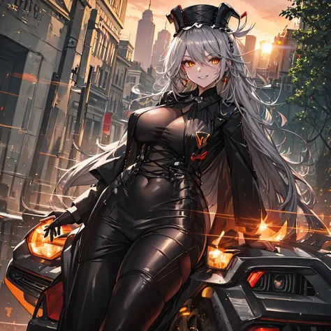 A woman wearing a black suit, tight black pants, black top hat, sunglasses, walking through a city at sunset, cars moving on the track, forest in the background, smiling, silver hair, red fringe, yellow eyes, smiling,HDR, ultra resolution, well defined, ma...