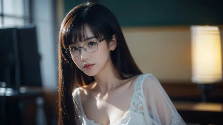 {{{masterpiece}, }}, {Extremely detailed CG unified 8k wallpaper}, Astonishing, fine details, alone, {{flowing hair}, }, A young girl, very pretty girl, （female teacher），Glasses， Very detailed,big breasts, deadly face, sharp focus, The background is a clas...