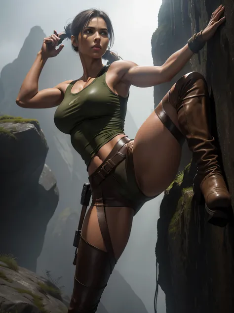 full body lara croft, long brown ponytail, brown eyes, girlish face, long graceful neck, red lips, long muscular thighs, short tight brown short leather pants, pale green sleeveless ripped t-shirt, brown leather boots, climbing a steep rock wall, (realisti...