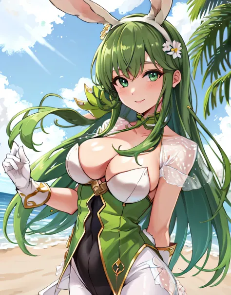 palla_easter, long hair, hair ornament,animal ears,deep cleavage,tail,flower,pantyhose,gloves,white gloves,hair flower,rabbit ears,leotard,fake animal ears,playboy bunny,rabbit tail,white pantyhose, green footwear,(large breasts:1.5),(shiny,hair),((solo)),...