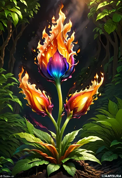 colorful crystal style，(une plante magique，beauty raffle，half of its stems and leaves are made of flames，l&#39;other half is flo...