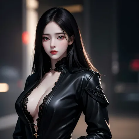 Beautiful girl with realistic black eyes, pale skin, medium length black hair, perfect face, perfect eyes, wearing a coat, very detailed, comprehensive movie, digital painting, 8K, cinematic lighting, highest quality, High resolution, Fine work, Post-proce...