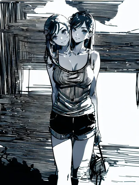 (masterpiece, best quality), best resolution, (2heads:1.5), 1girl, casual pose, tank top and shorts, line art, cowboy shot