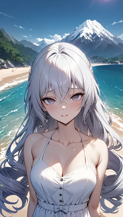 (((Masterpiece))), , diffused light, dynamic shadows, sharp focus, detailed, sundresses , anatomically correct, loving face, beach with mountain background, bronya, long shot, (( half body:1)), bronya, long drill hair