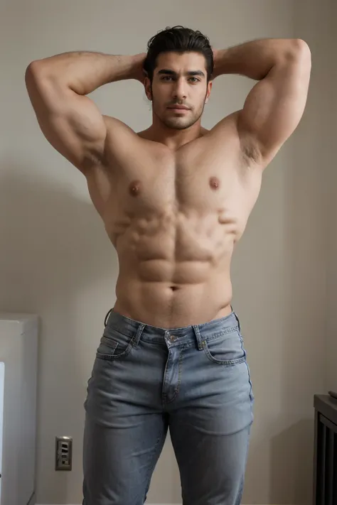 Mesomorphic body type super muscular handsome Arab man very handsome muscular beefy, pectorales redondos y masivos abultados, enormes brazos, nalgon, full body session, gray jeans