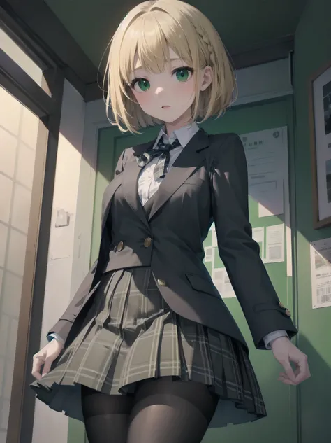 Top-High quality、Highest image quality、masterpiece、high contrast、Elegant、erotic expression、high school girl、blonde、Bob cut braids、uniform、(brown blazer)、ribbon tie、(Green and gray plaid skirt)、(black tights)、cinematic lighting、fine shading、cute、Truly unbel...