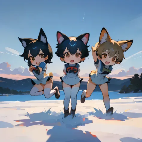 Please draw me with three Kemono Friends.