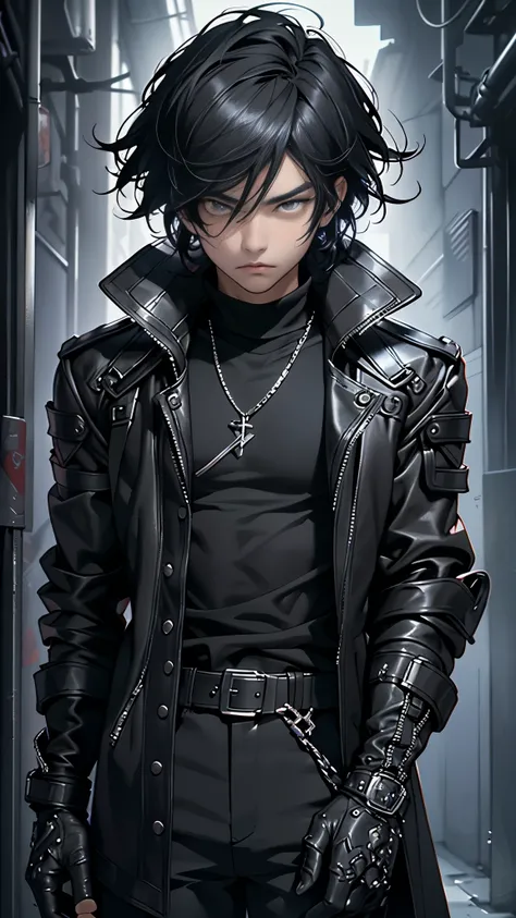 (((1man))) wearing a ((best quality)) leather coat, ((medium black hair)) styled in an emo fashion, and vibrant black eyes that ((look at the viewer)) with intensity. This ((masterpiece)) showcases the ((fantasy aesthetics)) of the ((shadowverse style)) wi...