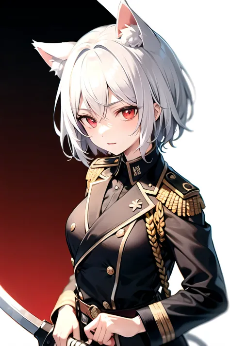 White hair, short hair, cat ears, military uniform, holding a weapon, red eyes, standing portrait, white background