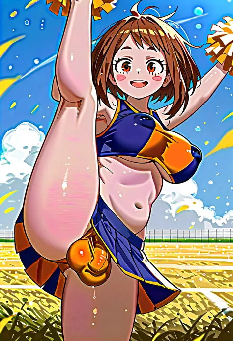 from side, anime, 1girl, ochako uraraka, my hero academia, solo, wet hair, messy hair, (smile, blush:1.2), open mouth, cheerleader, crop top, underboob, miniskirt, plump, breasts, (covered nipples, inverted nipples:1.2), futanari, (flaccid:1.2), (bulge:1.2...