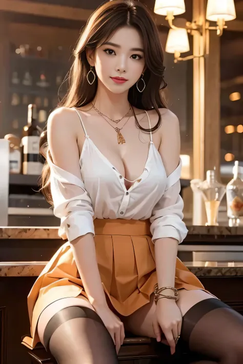 High level image quality、bright clothes、open your legs、I can see your pants、sit on top、attraction、new york、bar counter、Huge 、stockings、earrings、necklace、bracelet、 feet of vision, Soft lighting like a movie、american look, short skirt, long messy windblown d...