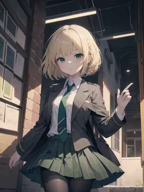 Top-High quality、Highest image quality、masterpiece、high contrast、Elegant、erotic expression、high school girl、blonde、Bob cut braids、uniform、(brown blazer)、ribbon tie、(Green and gray plaid skirt)、(black tights)、cinematic lighting、fine shading、cute、Truly unbel...